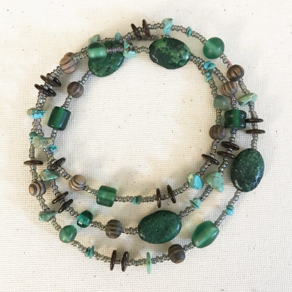 Green Chrysocolla Gemstone Necklace Turquoise Wood Recycled Glass Festival